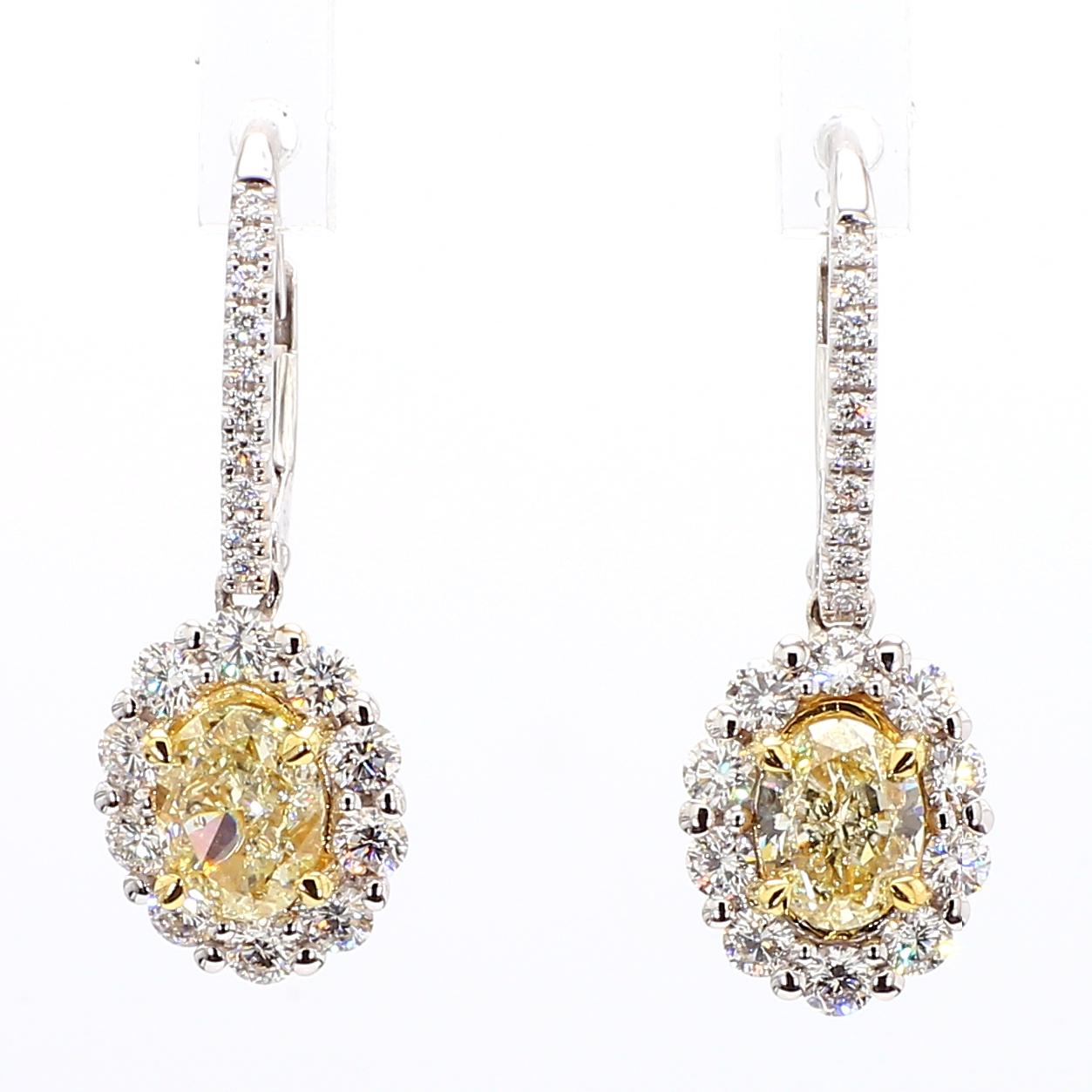 Natural Yellow Oval Diamond 2.17 Carat TW Gold Drop Earrings