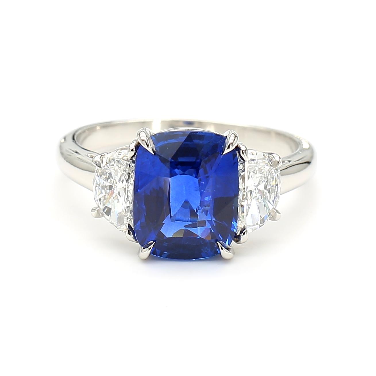 GIA Certified Blue Cushion Sapphire and White Diamond 3.70 Carat TW Plat Ring