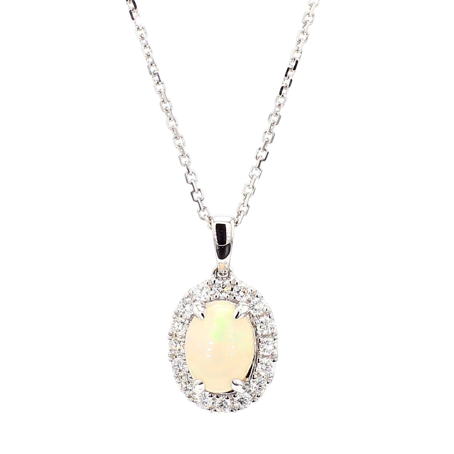 Natural Oval Opal and White Diamond 1.08 Carat TW Gold Drop Pendant
