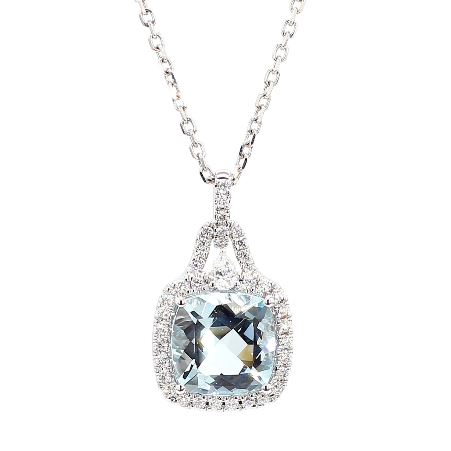 Natural Cushion Aquamarine and White Diamond 2.91 Carat TW Gold Drop Pendant