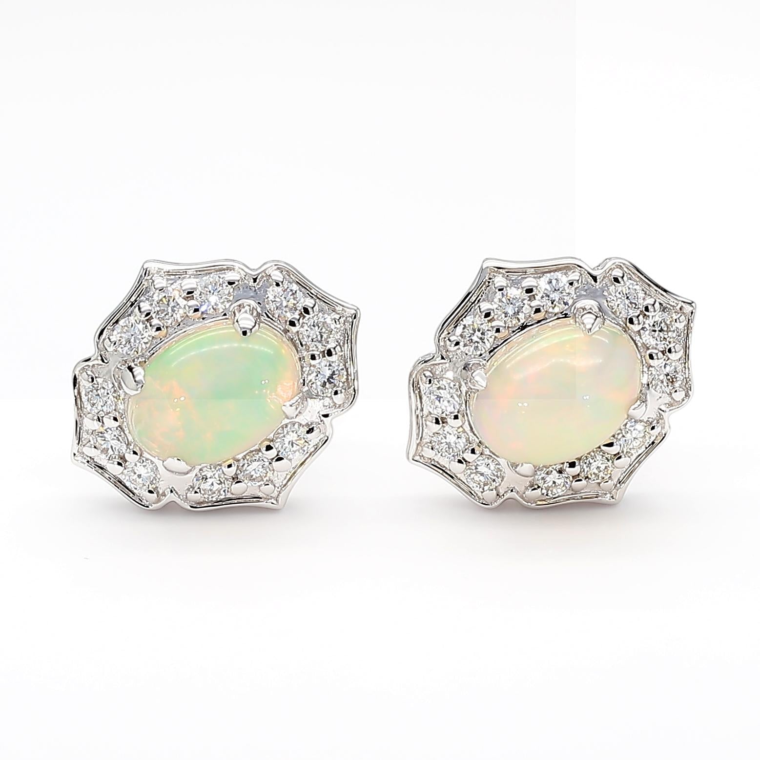 Natural Oval Opal and White Diamond 1.57 Carat TW White Gold Stud Earrings