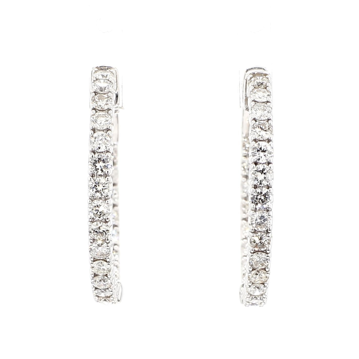 Natural White Round Diamond 1.75 Carat TW White Gold Hoop Earrings