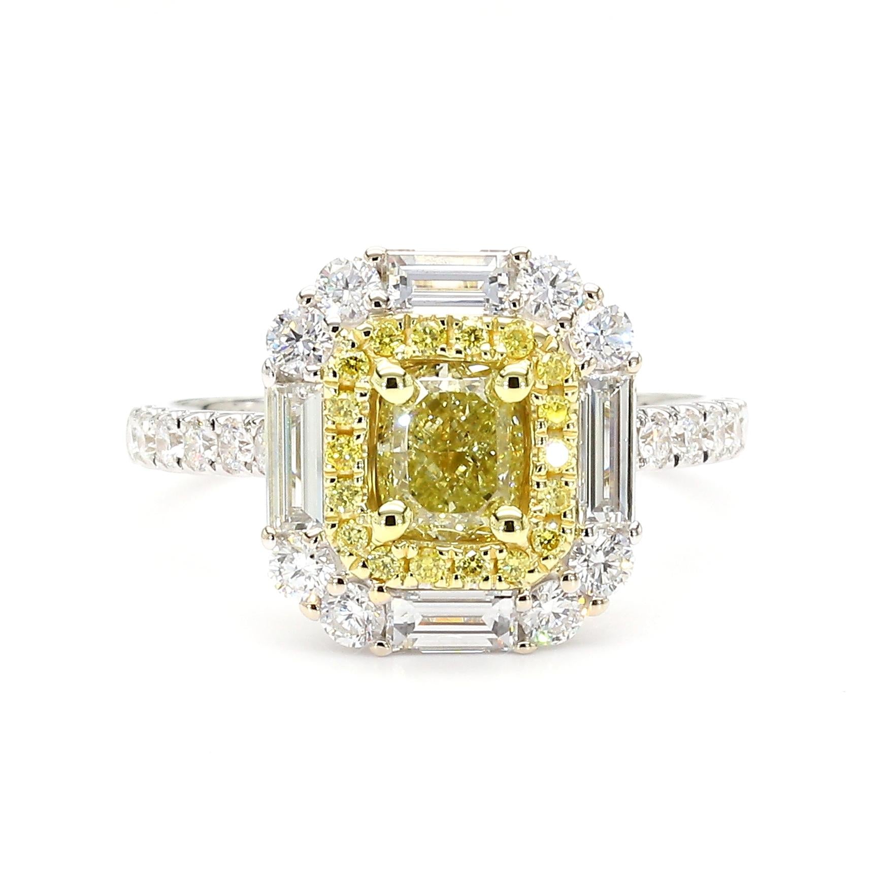 GIA Certified Fancy Yellow Cushion Diamond 1.81 Carat TW Gold Cocktail Ring