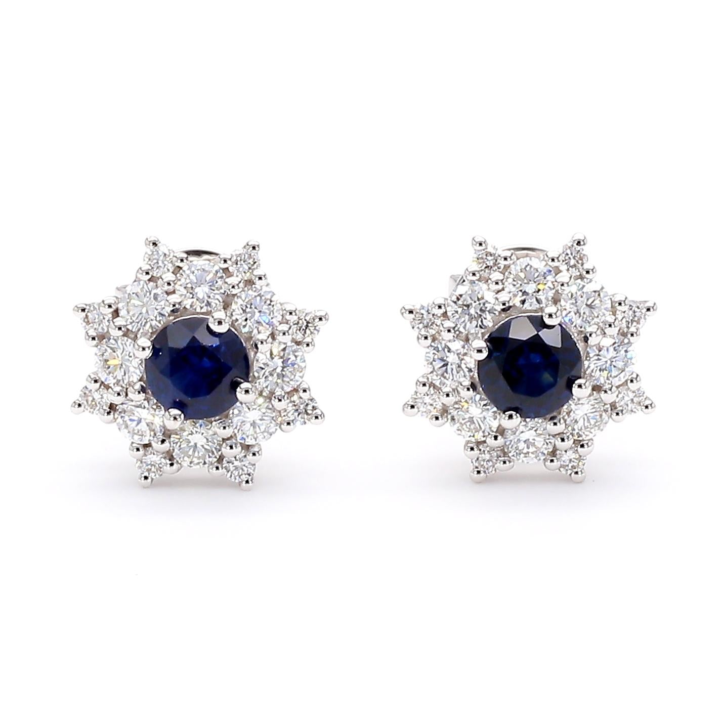 Natural Blue Round Sapphire and Diamond 1.26 Carat TW Gold Stud Earrings