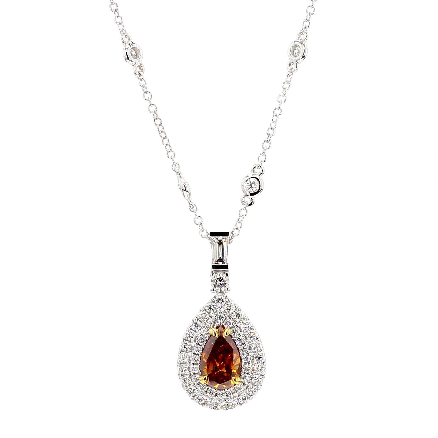 GIA Fancy Deep Brownish Yellowish Orange Pear Diamond 1.95 CTS Gold Necklace