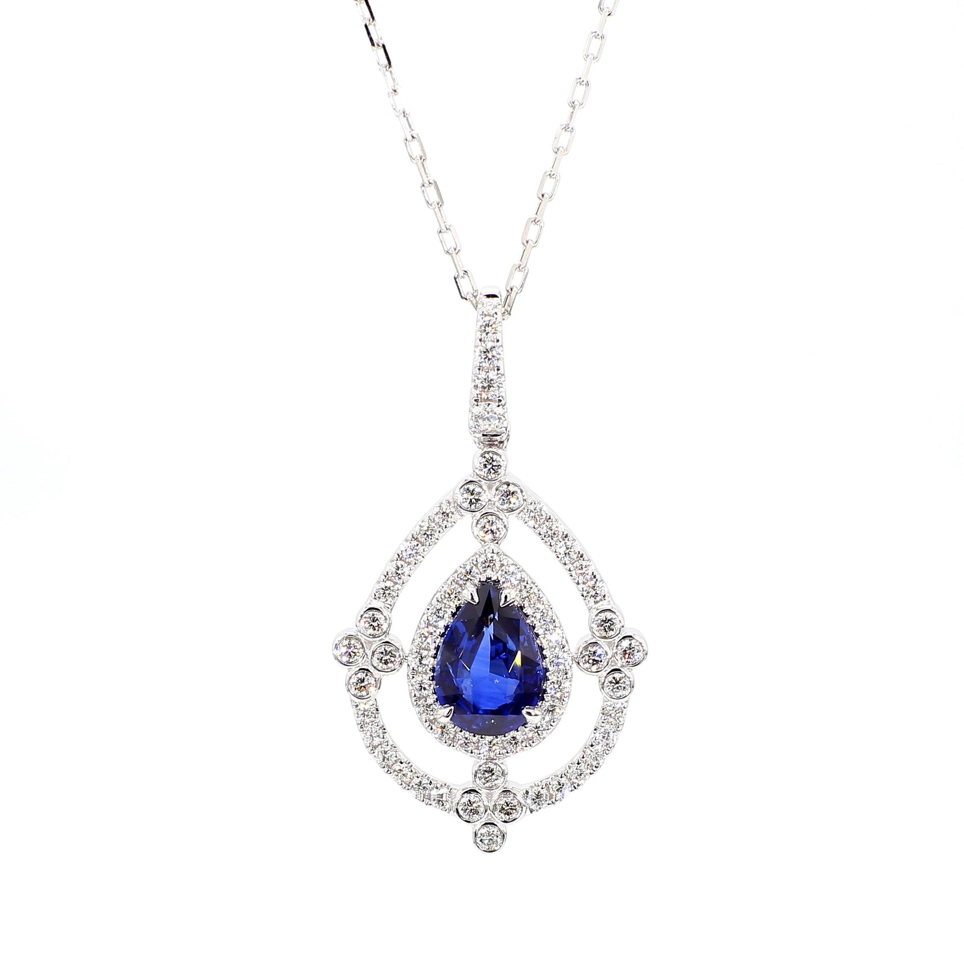 GIA Certified Natural Blue Pear Sapphire and Diamond 2.60 Carat TW Gold Pendant