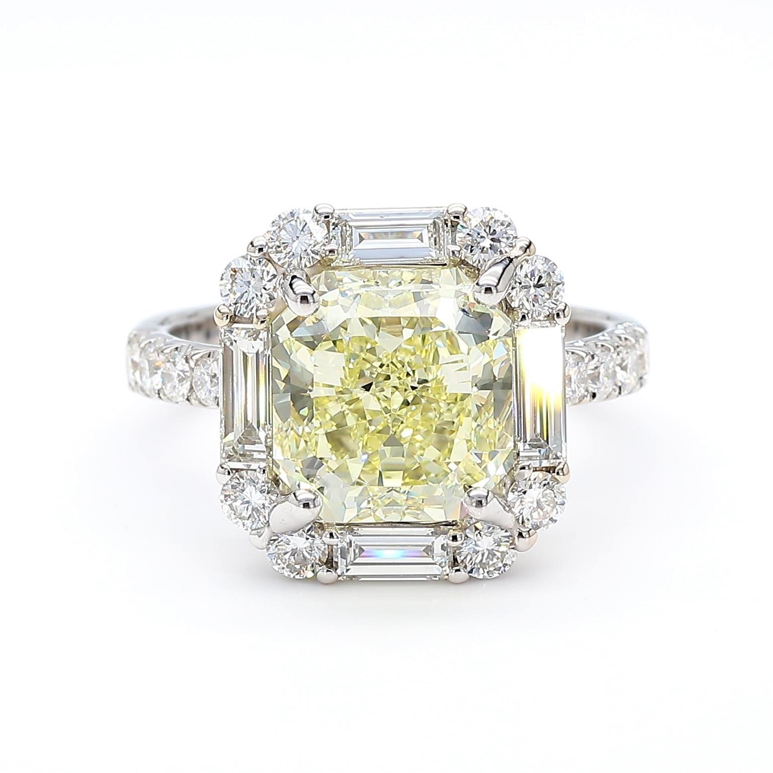 GIA Certified Natural Light Yellow Radiant Diamond 5.11 Carat TW Gold Ring