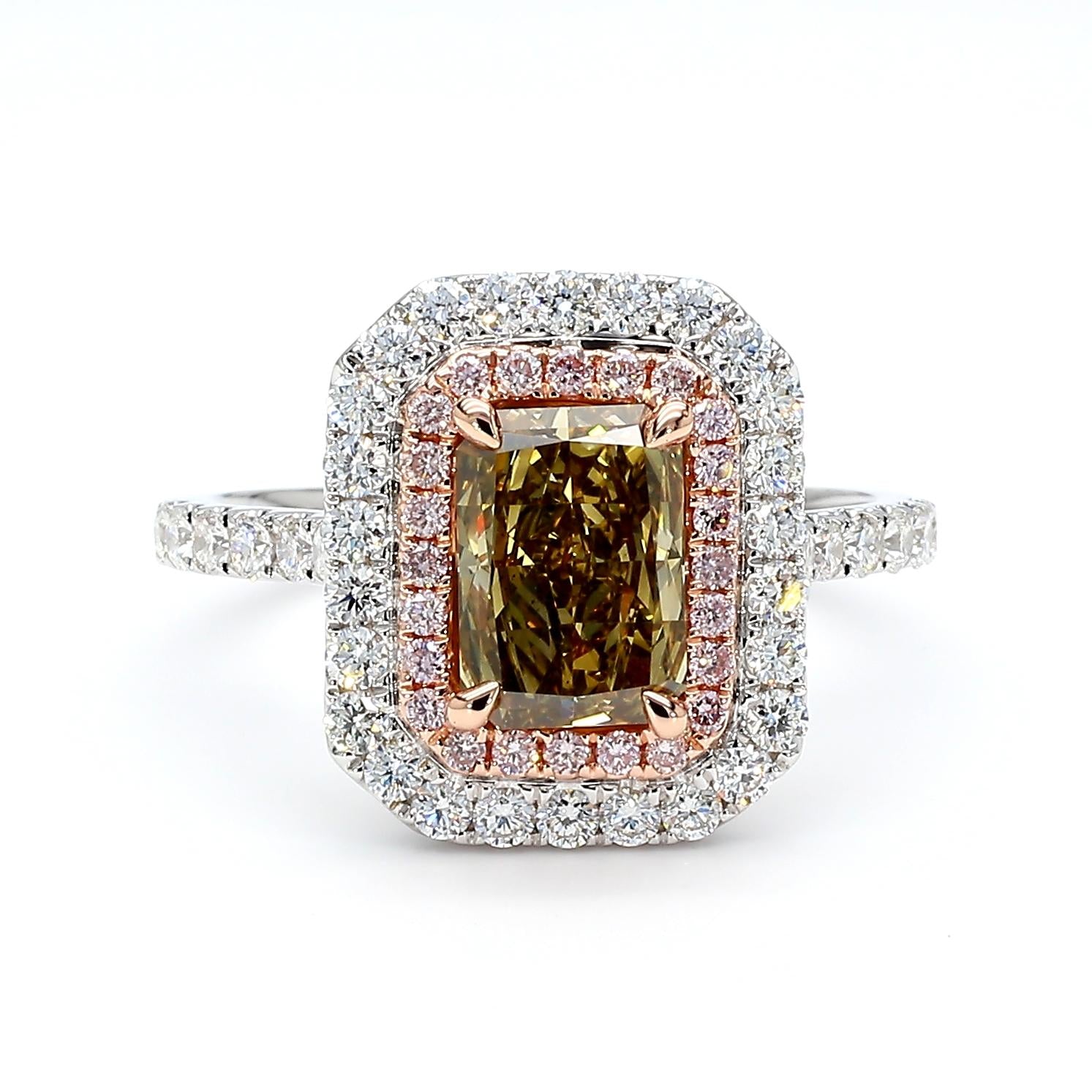 GIA Natural Fancy Dark Brown-Greenish Yellow Radiant Diamond 2.30 CTS Gold Ring