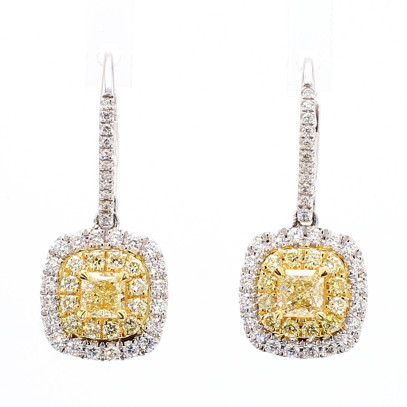 Natural Yellow Cushion Diamond 1.17 Carat TW Gold Drop Earrings