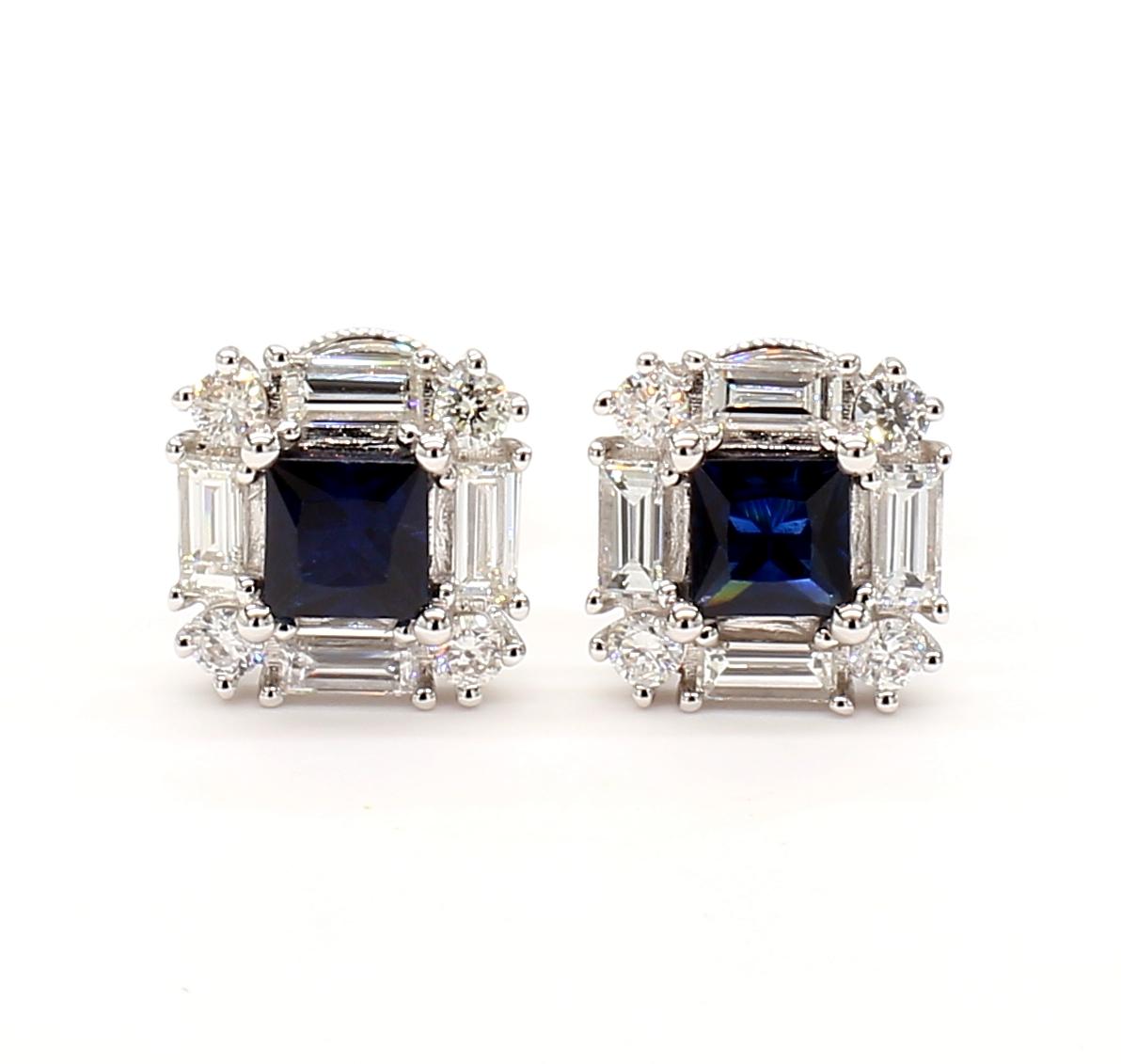 Natural Blue Princess Sapphire and White Diamond 1.4 Carat TW Gold Stud Earrings