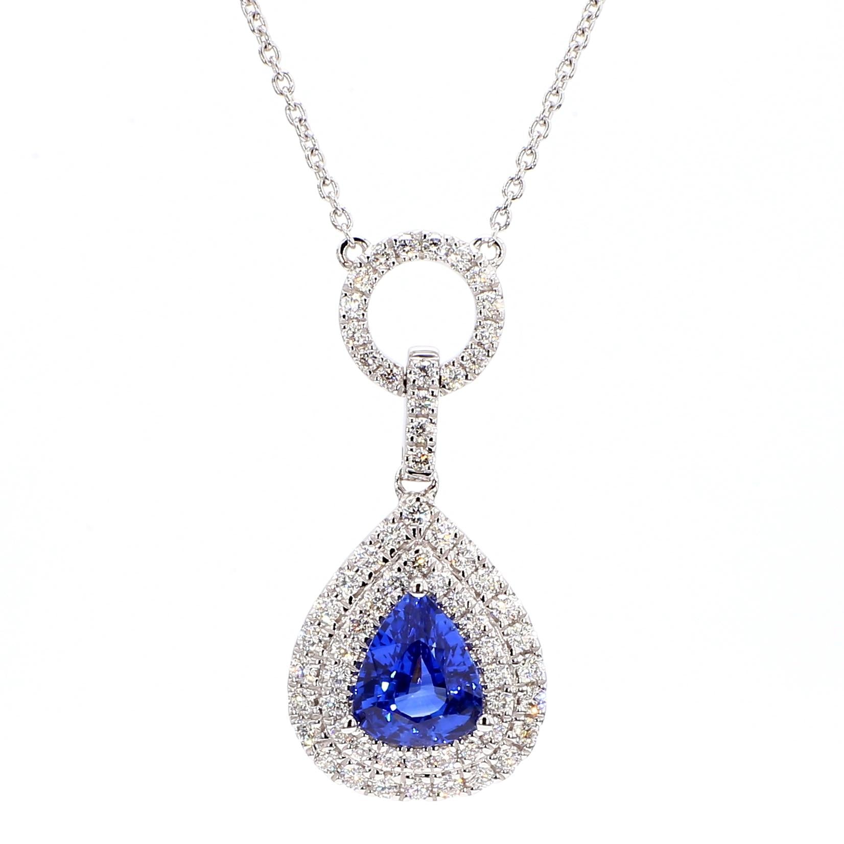 Natural Blue Pear Sapphire and White Diamond 2.08 Carat TW White Gold Pendant