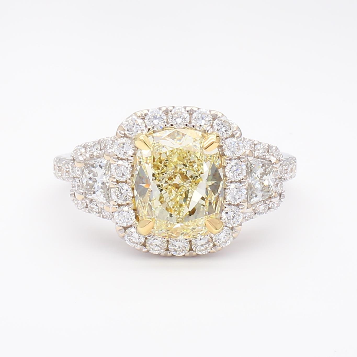 GIA Certified Natural Yellow Cushion Diamond 3.40 Carat TW Gold Cocktail Ring