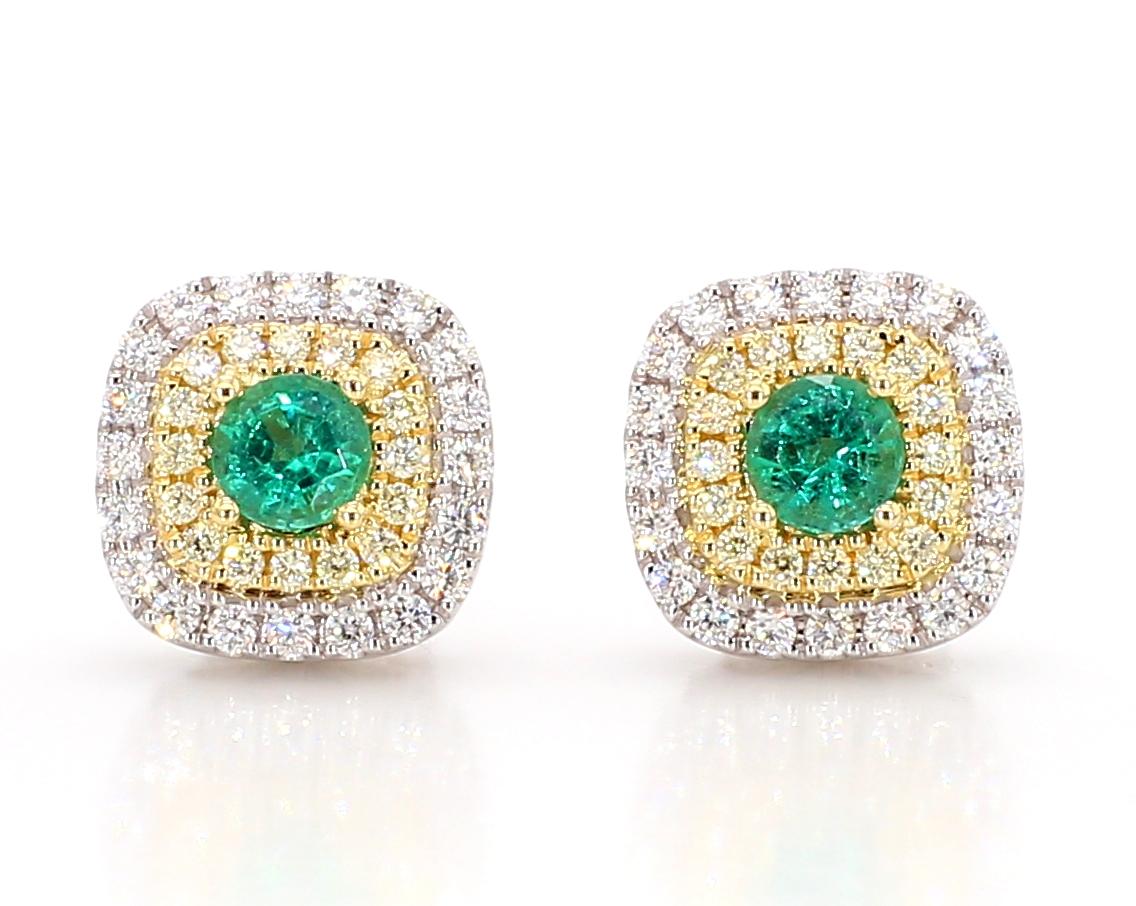 Natural Round Emerald and White Diamond .91 Carat TW Gold Stud Earrings