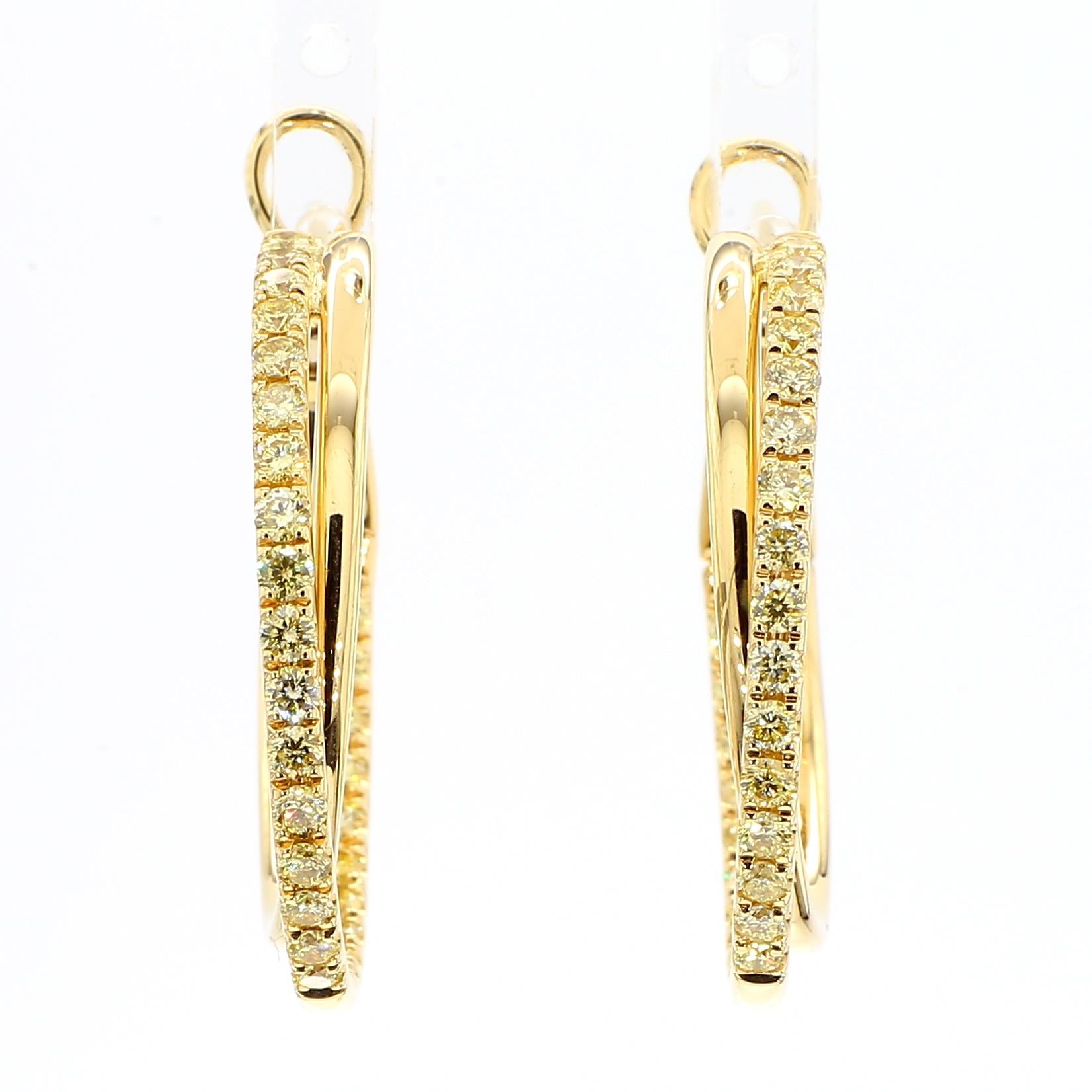 Natural Yellow Round Diamond 1.44 Carat TW Yellow Gold Hoop Earrings