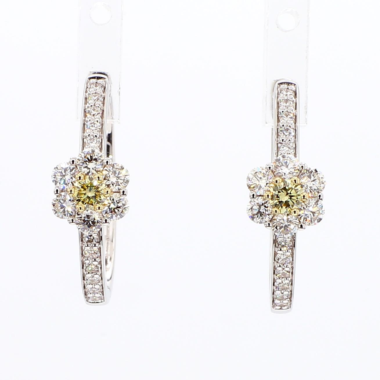 Natural Yellow Round and White Diamond .90 Carat TW Gold Hoop Earrings